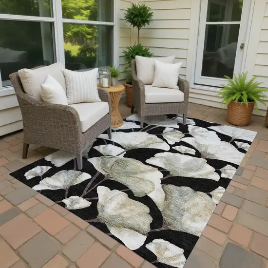 Black Ivory And Green Botanical Leaves Washable Indoor Outdoor Area Rug Photo 3