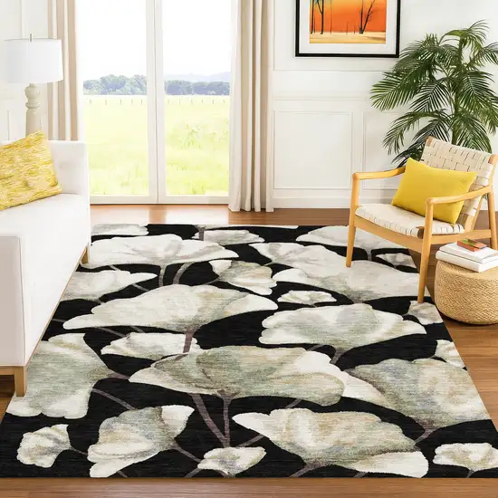 Black Ivory And Green Botanical Leaves Washable Indoor Outdoor Area Rug Photo 4