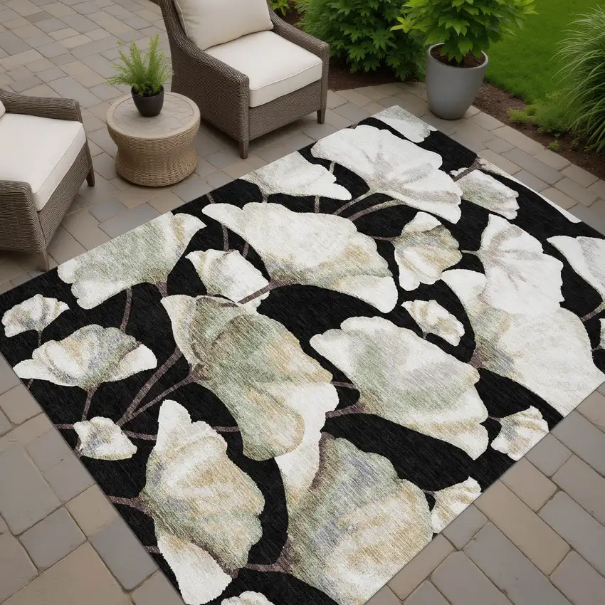 Black Ivory And Green Botanical Leaves Washable Indoor Outdoor Area Rug Photo 6