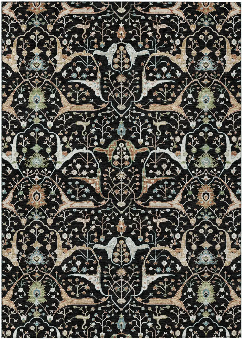 Black Ivory And Green Floral Washable Indoor Outdoor Area Rug Photo 2