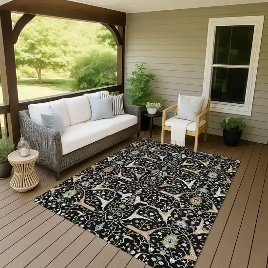 Black Ivory And Green Floral Washable Indoor Outdoor Area Rug Photo 7