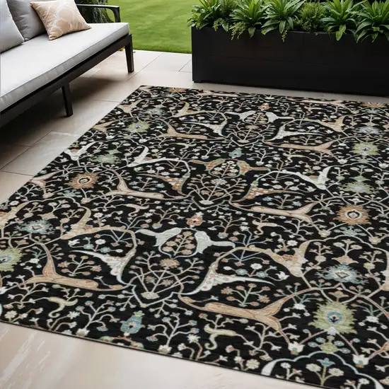 Black Ivory And Green Floral Washable Indoor Outdoor Area Rug Photo 1