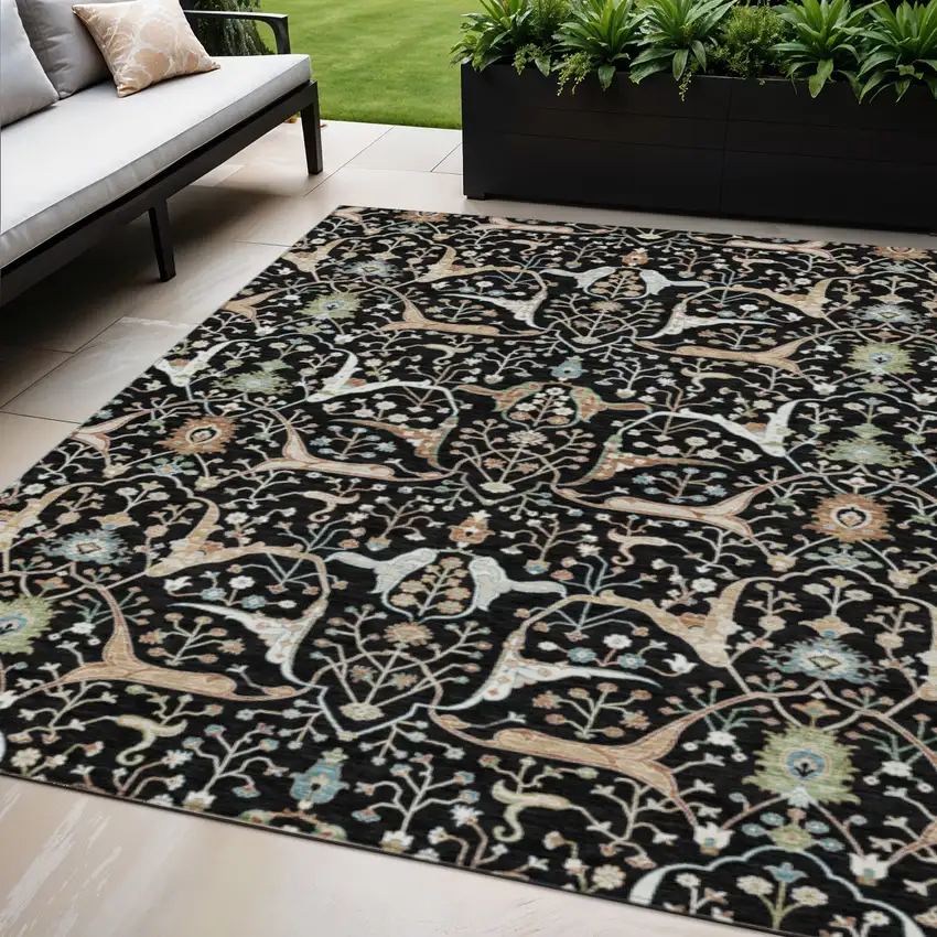 Black Ivory And Green Floral Washable Indoor Outdoor Area Rug Photo 1