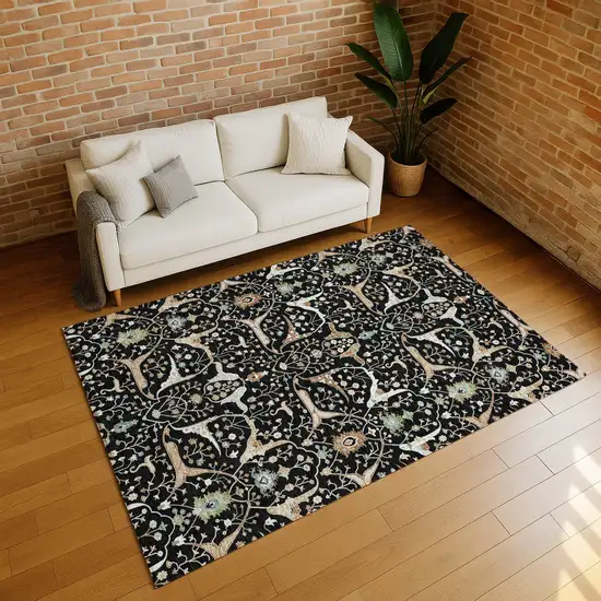 Black Ivory And Green Floral Washable Indoor Outdoor Area Rug Photo 7