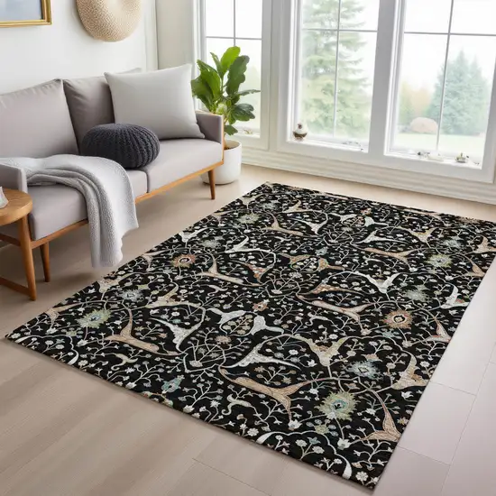 Black Ivory And Green Floral Washable Indoor Outdoor Area Rug Photo 9