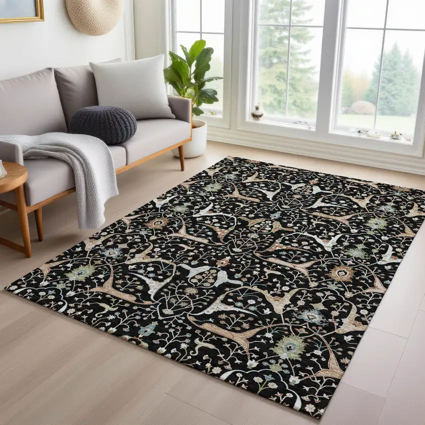 Black Ivory And Green Floral Washable Indoor Outdoor Area Rug Photo 9