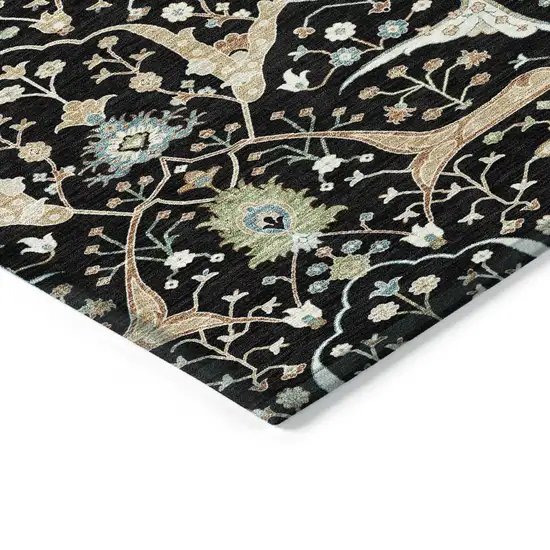 Black Ivory And Green Floral Washable Indoor Outdoor Area Rug Photo 6