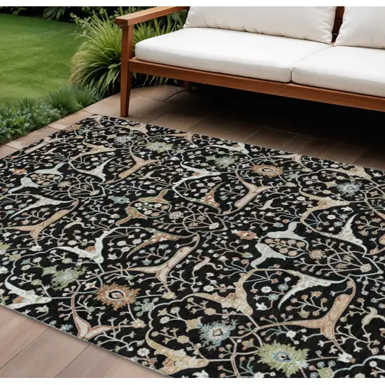 Black Ivory And Green Floral Washable Indoor Outdoor Area Rug Photo 1