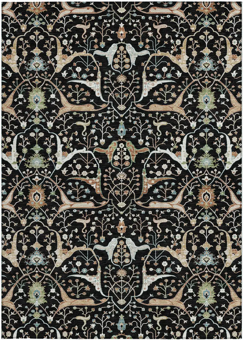 Black Ivory And Green Floral Washable Indoor Outdoor Area Rug Photo 4