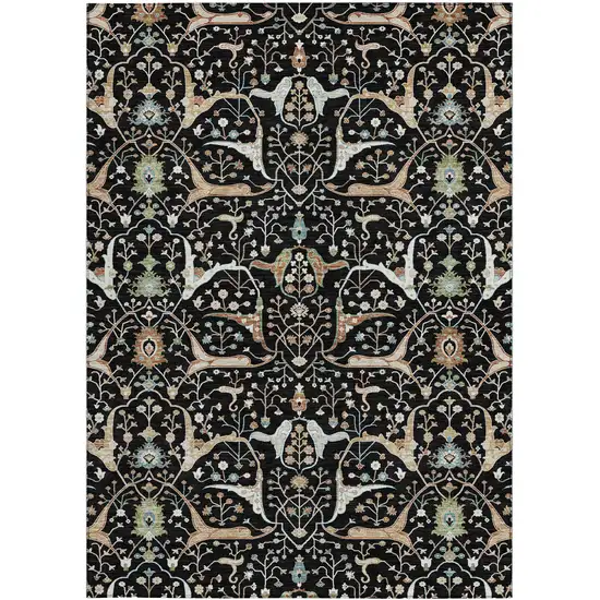 Black Ivory And Green Floral Washable Indoor Outdoor Area Rug Photo 5