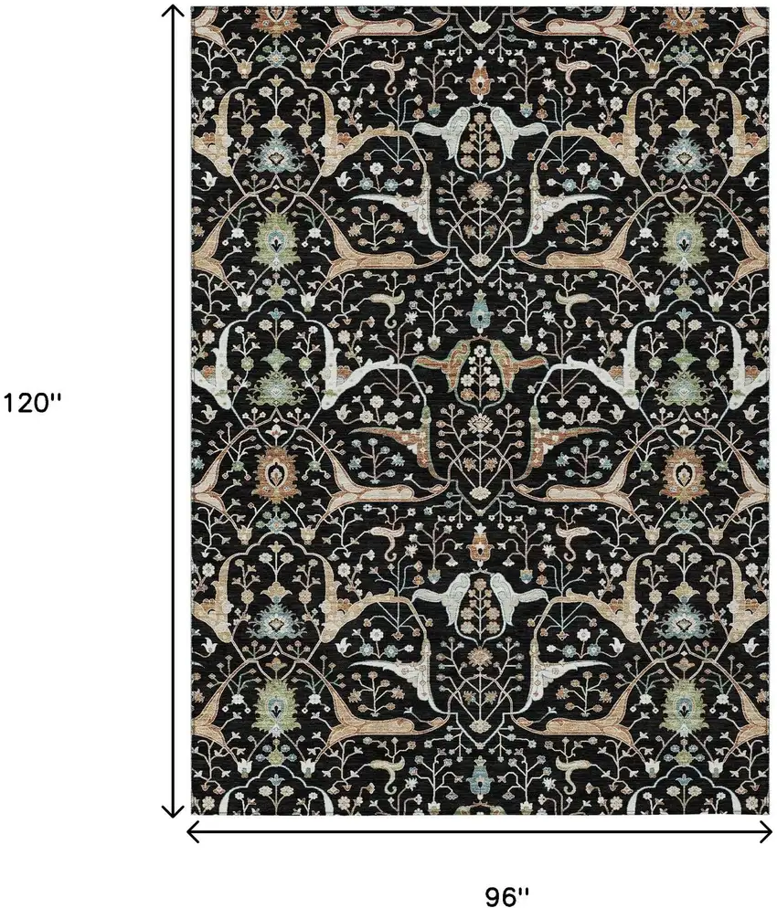 Black Ivory And Green Floral Washable Indoor Outdoor Area Rug Photo 3