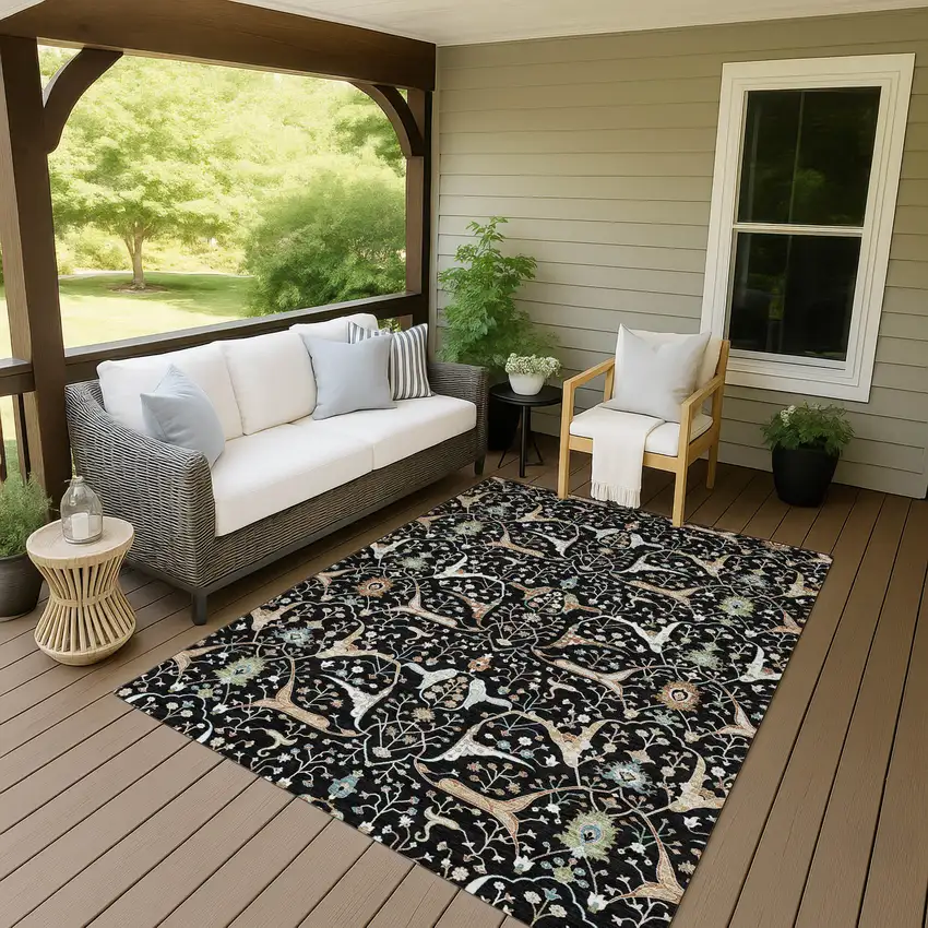 Black Ivory And Green Floral Washable Indoor Outdoor Area Rug Photo 8