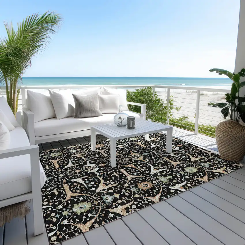 Black Ivory And Green Floral Washable Indoor Outdoor Area Rug Photo 9