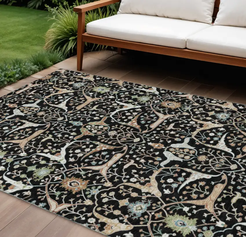 Black Ivory And Green Floral Washable Indoor Outdoor Area Rug Photo 1