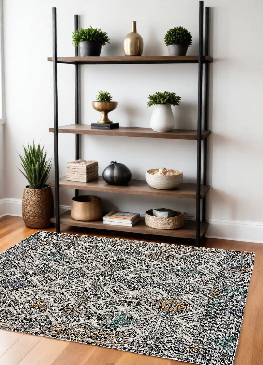 Black Ivory And Green Wool Geometric Tufted Handmade Distressed Area Rug Photo 1