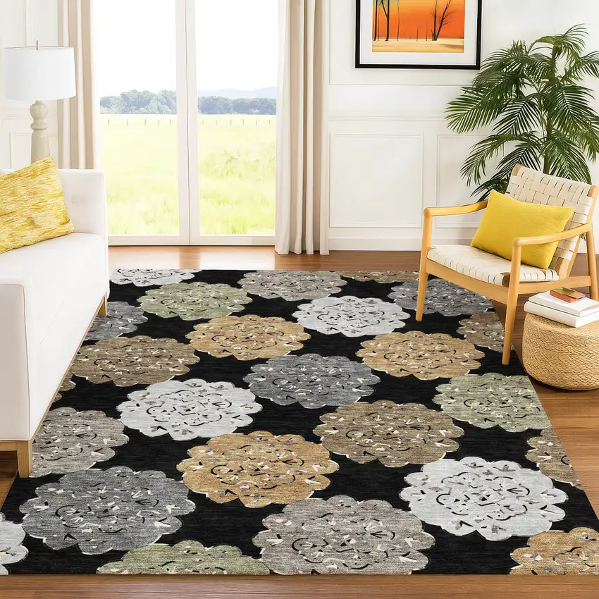 Black Ivory And Khaki Quatrefoil Washable Indoor Outdoor Area Rug Photo 9