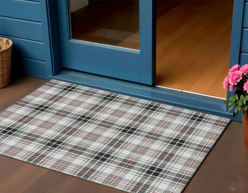Black Ivory And Red Plaid Washable Indoor Outdoor Area Rug Photo 1