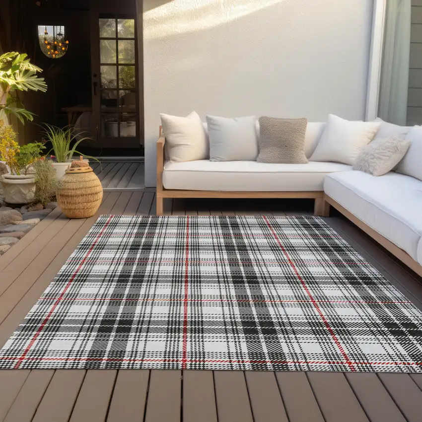 Black Ivory And Red Plaid Washable Indoor Outdoor Area Rug Photo 7