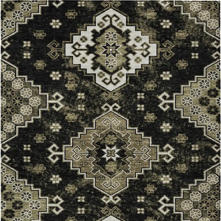 Black Ivory And Taupe Medallion Washable Indoor Outdoor Area Rug Photo 7
