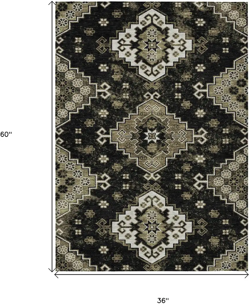 Black Ivory And Taupe Medallion Washable Indoor Outdoor Area Rug Photo 3