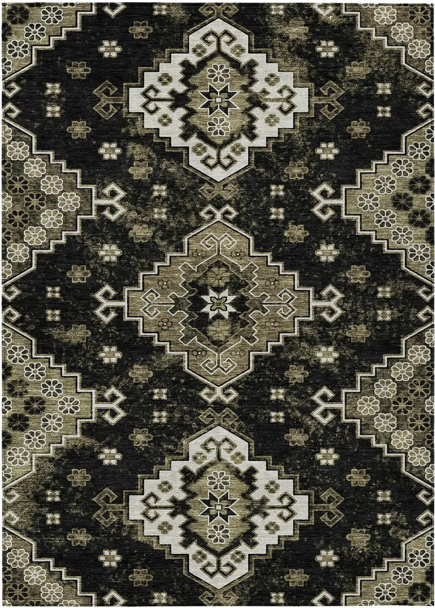 Black Ivory And Taupe Medallion Washable Indoor Outdoor Area Rug Photo 2