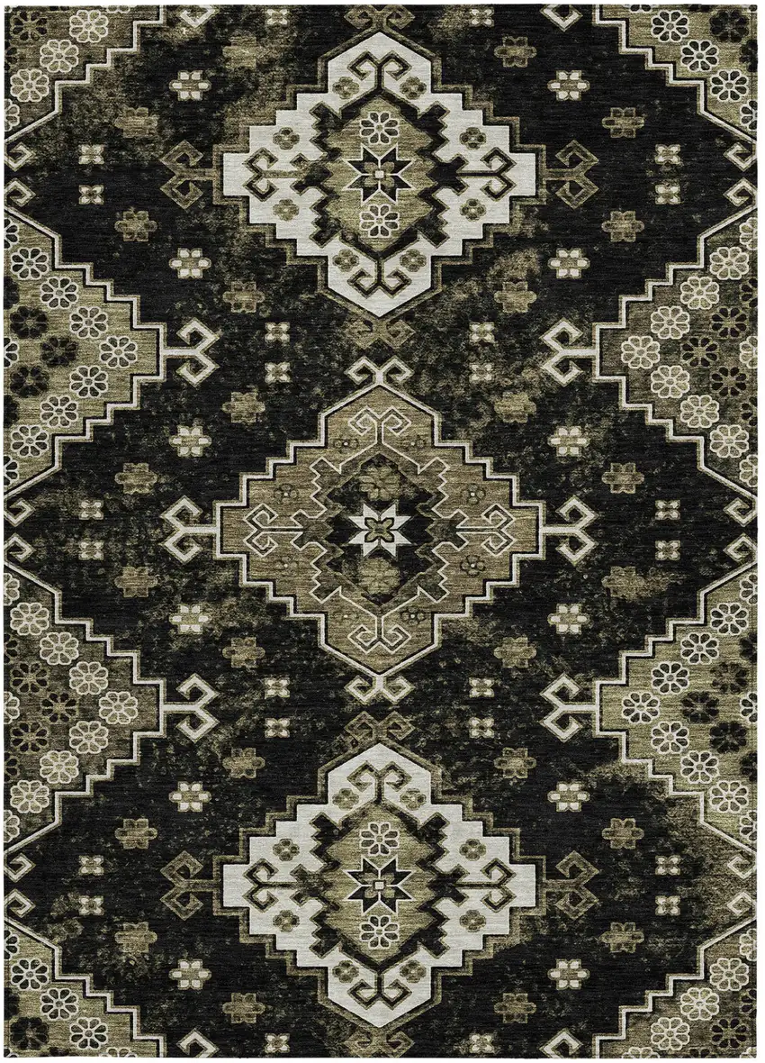 Black Ivory And Taupe Medallion Washable Indoor Outdoor Area Rug Photo 8