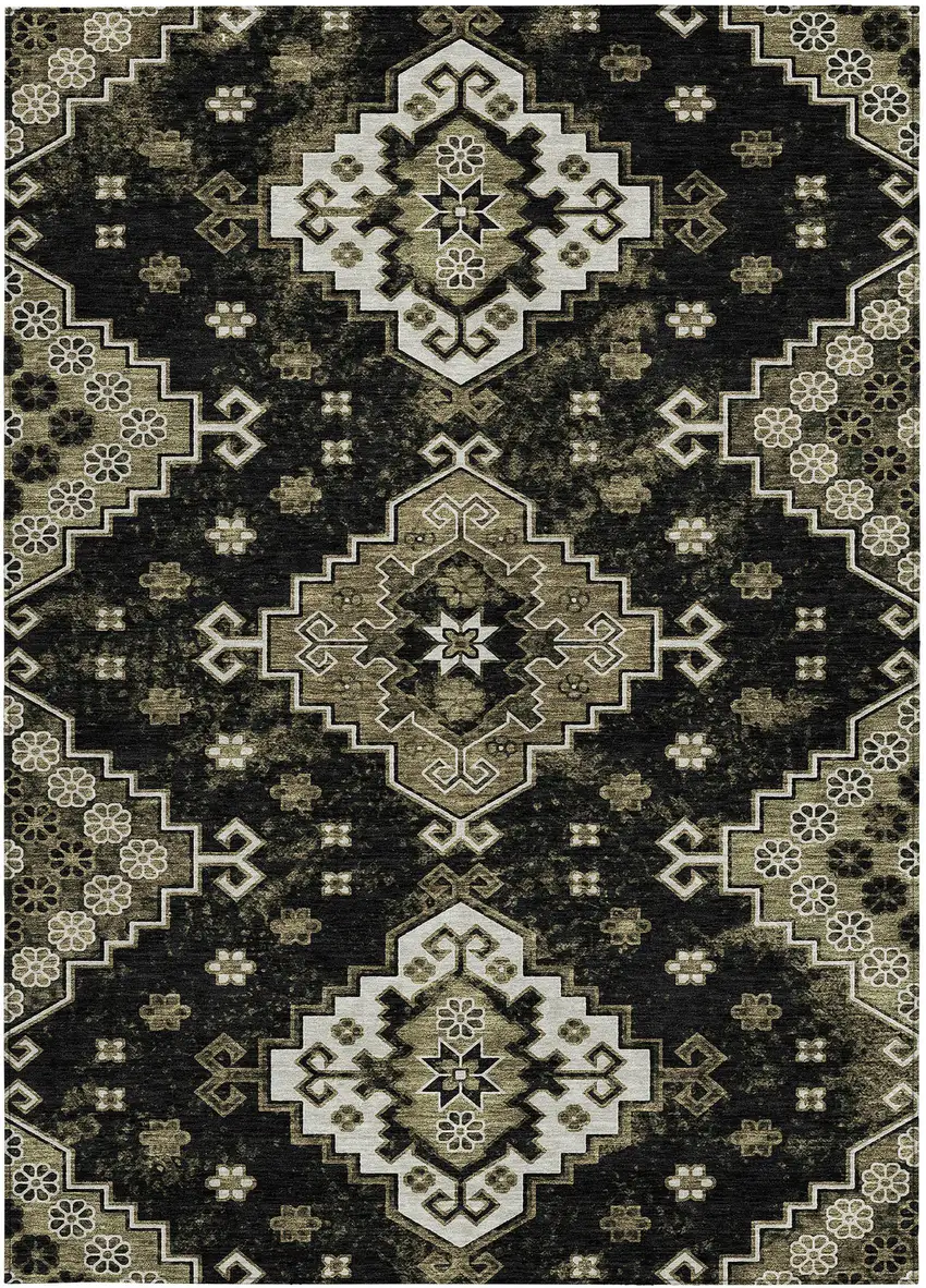 Black Ivory And Taupe Medallion Washable Indoor Outdoor Area Rug Photo 8