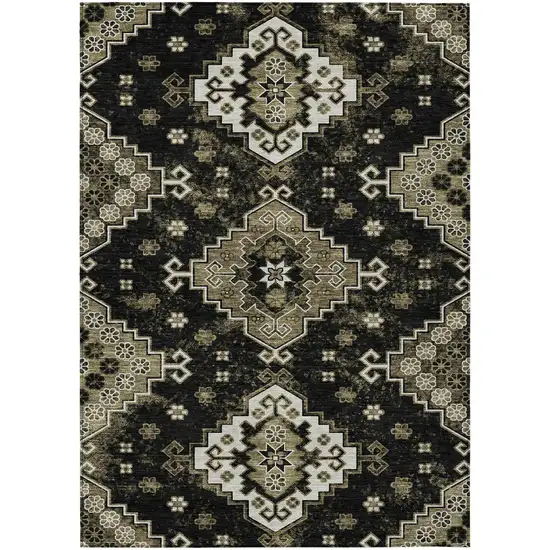 Black Ivory And Taupe Medallion Washable Indoor Outdoor Area Rug Photo 2