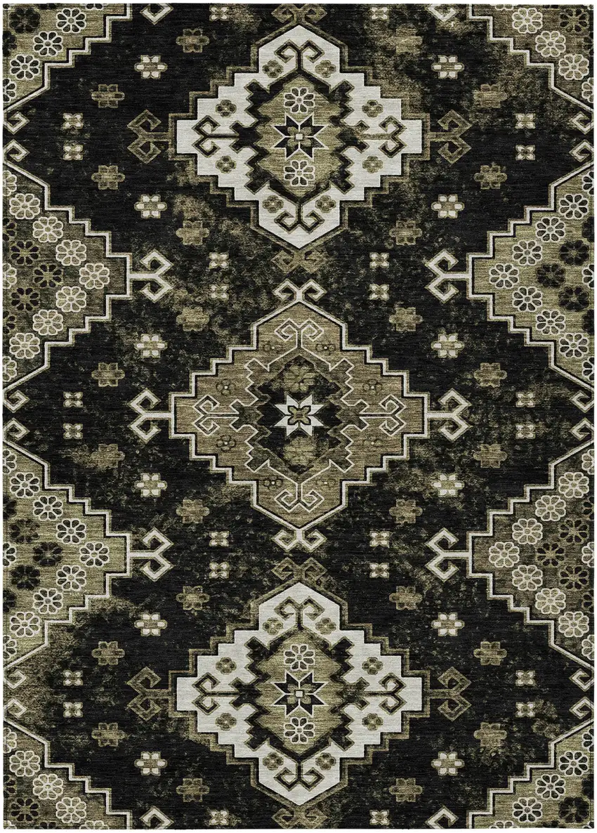 Black Ivory And Taupe Medallion Washable Indoor Outdoor Area Rug Photo 2