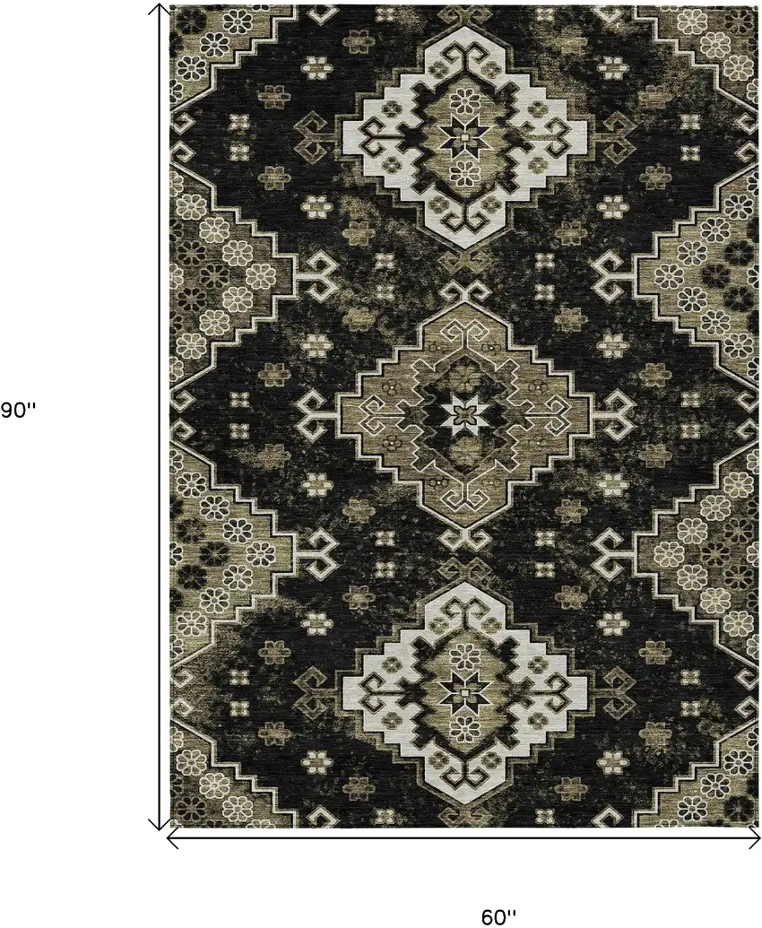Black Ivory And Taupe Medallion Washable Indoor Outdoor Area Rug Photo 3
