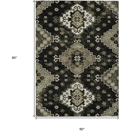 Black Ivory And Taupe Medallion Washable Indoor Outdoor Area Rug Photo 3