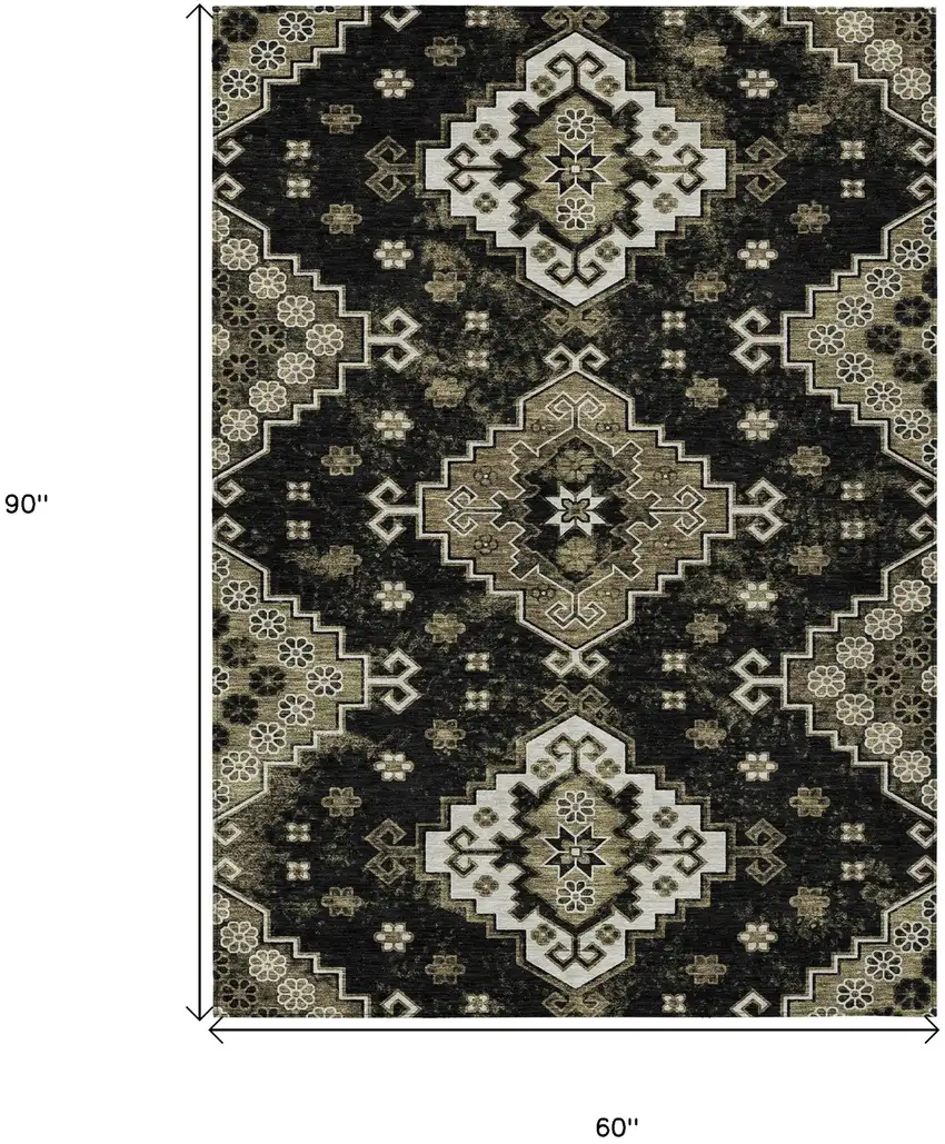 Black Ivory And Taupe Medallion Washable Indoor Outdoor Area Rug Photo 3
