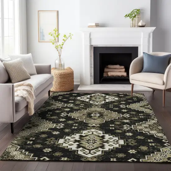 Black Ivory And Taupe Medallion Washable Indoor Outdoor Area Rug Photo 9