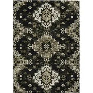 Photo of Black Ivory And Taupe Medallion Washable Indoor Outdoor Area Rug