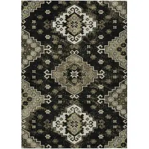 Photo of Black Ivory And Taupe Medallion Washable Indoor Outdoor Area Rug