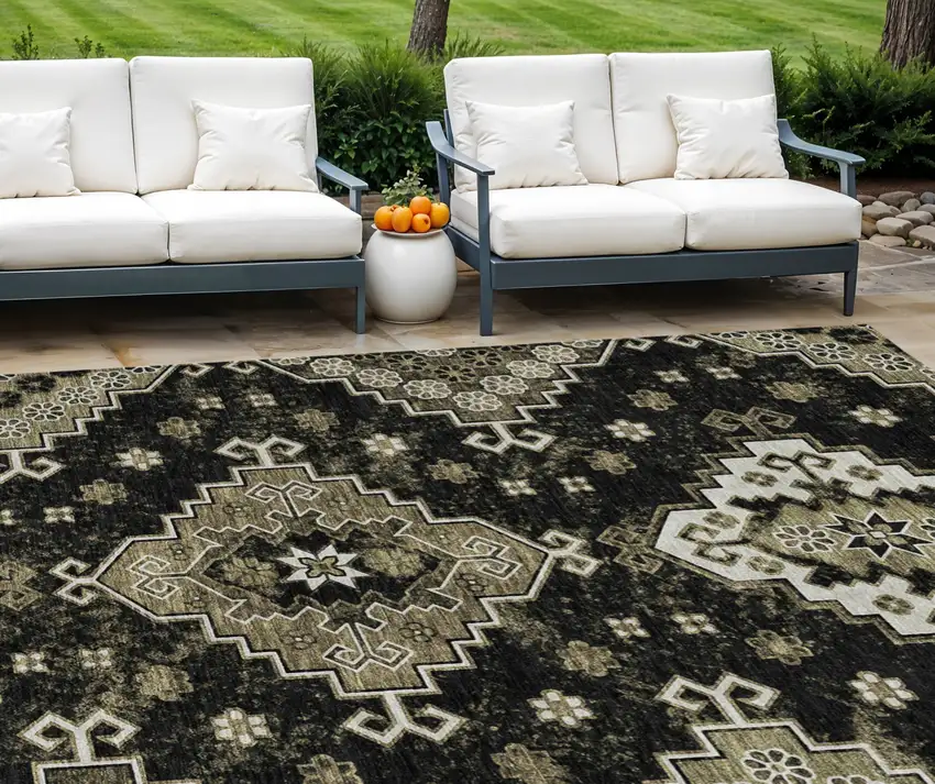 Black Ivory And Taupe Medallion Washable Indoor Outdoor Area Rug Photo 1