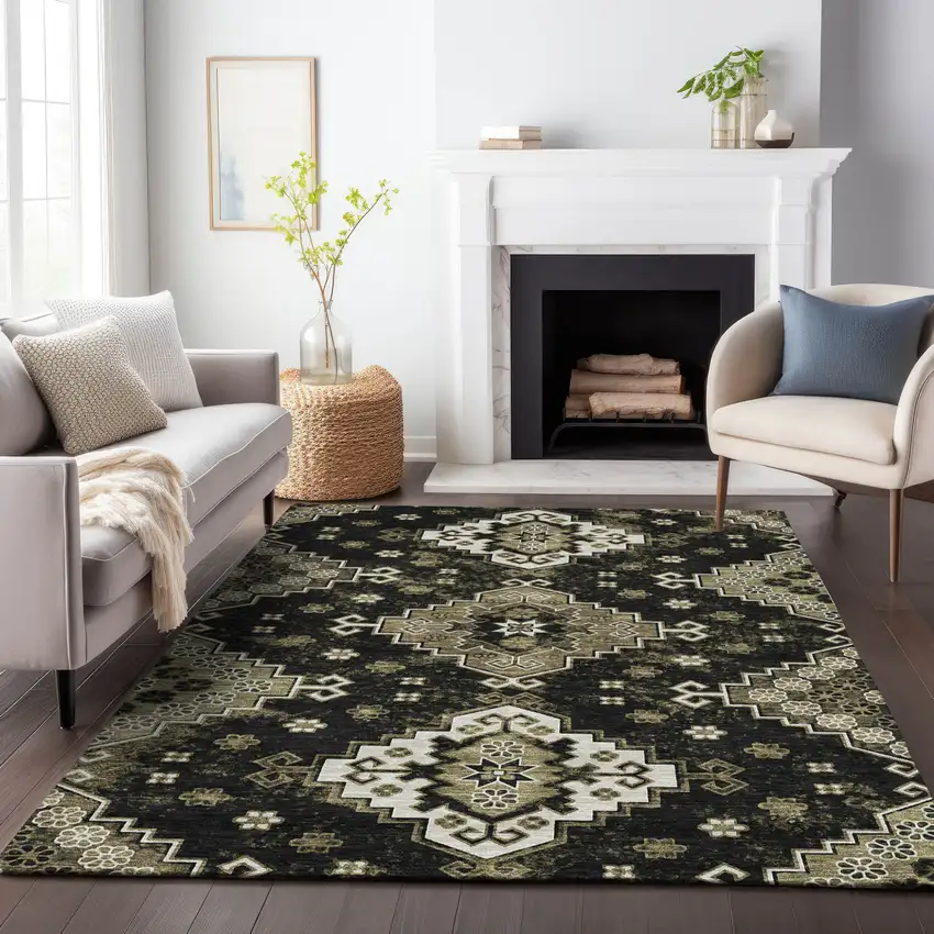 Black Ivory And Taupe Medallion Washable Indoor Outdoor Area Rug Photo 9