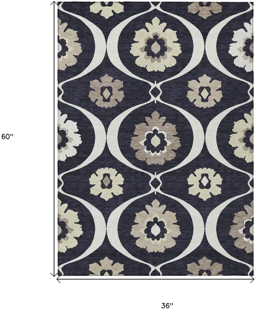 Black Ivory And Taupe Medallion Washable Indoor Outdoor Area Rug Photo 3