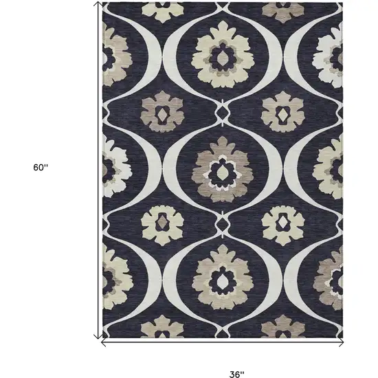 Black Ivory And Taupe Medallion Washable Indoor Outdoor Area Rug Photo 3