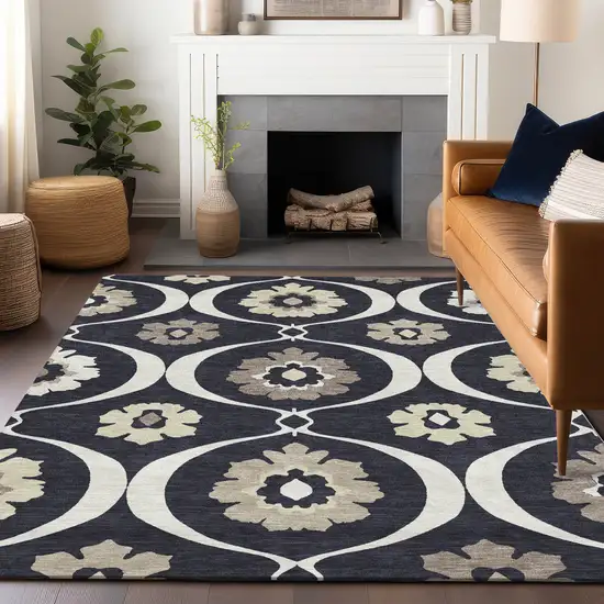 Black Ivory And Taupe Medallion Washable Indoor Outdoor Area Rug Photo 9