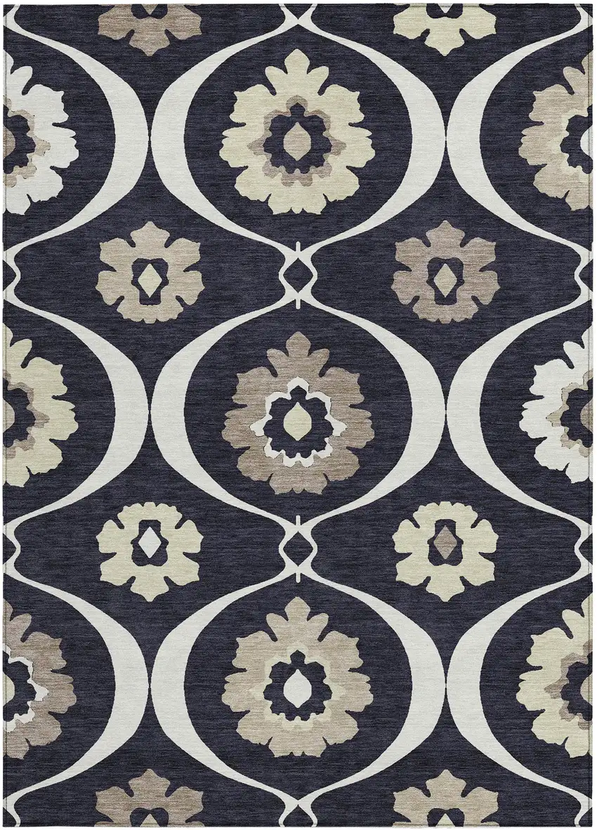 Black Ivory And Taupe Medallion Washable Indoor Outdoor Area Rug Photo 7