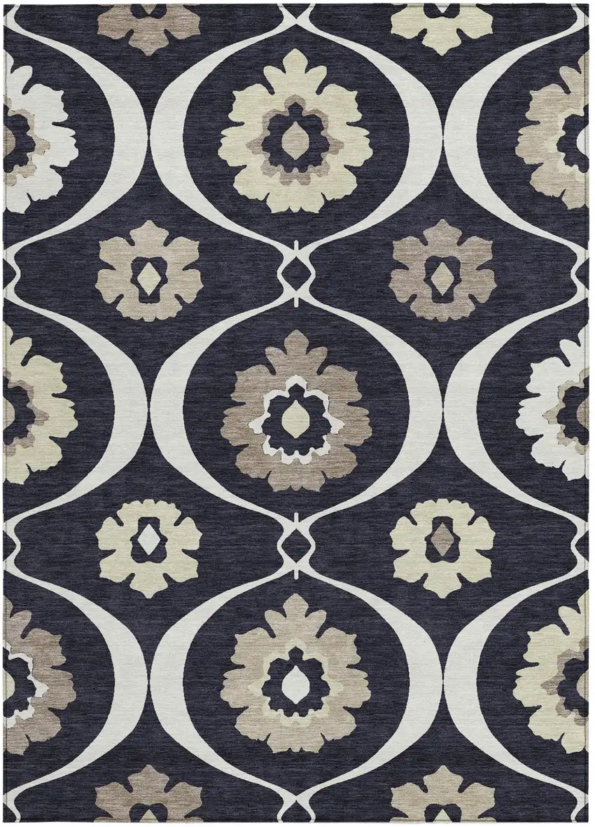 Black Ivory And Taupe Medallion Washable Indoor Outdoor Area Rug Photo 7