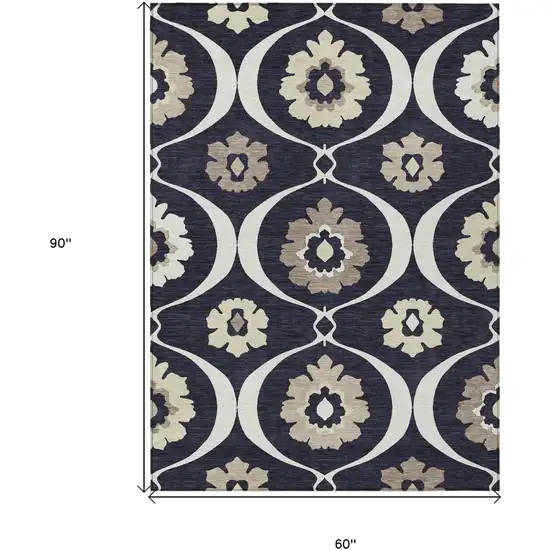Black Ivory And Taupe Medallion Washable Indoor Outdoor Area Rug Photo 3