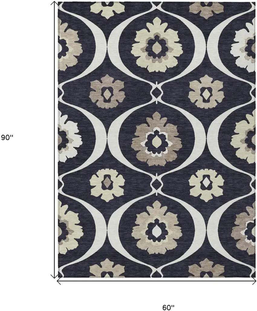 Black Ivory And Taupe Medallion Washable Indoor Outdoor Area Rug Photo 3