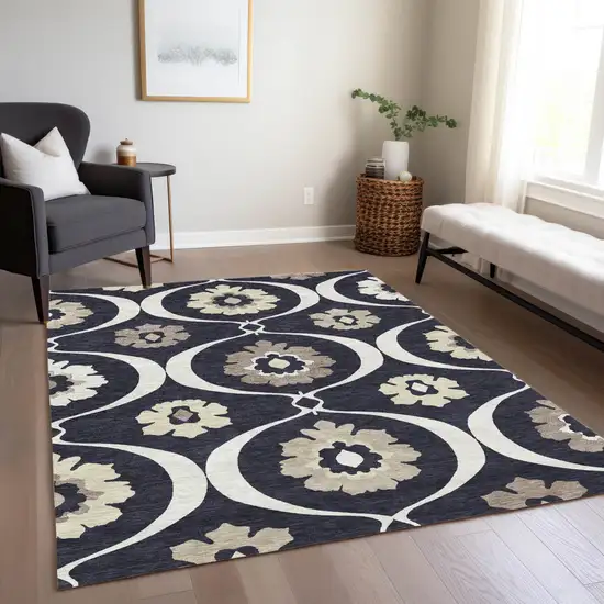 Black Ivory And Taupe Medallion Washable Indoor Outdoor Area Rug Photo 9