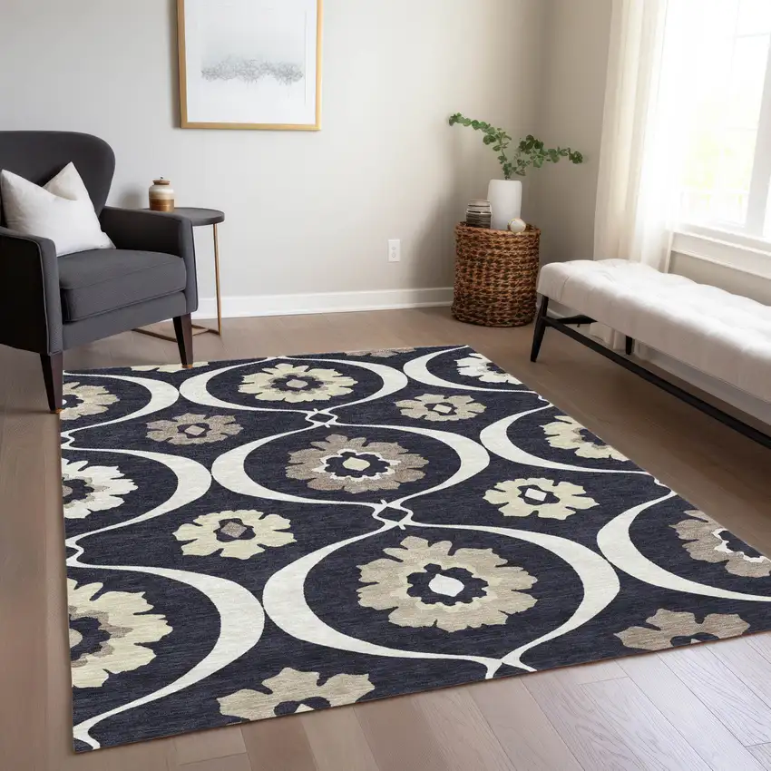 Black Ivory And Taupe Medallion Washable Indoor Outdoor Area Rug Photo 9