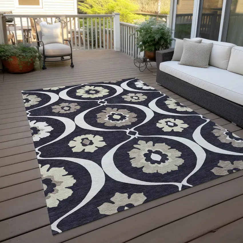 Black Ivory And Taupe Medallion Washable Indoor Outdoor Area Rug Photo 8