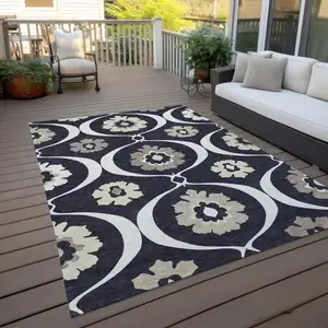 Photo of Black Ivory And Taupe Medallion Washable Indoor Outdoor Area Rug
