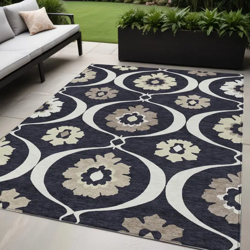 Black Ivory And Taupe Medallion Washable Indoor Outdoor Area Rug Photo 1