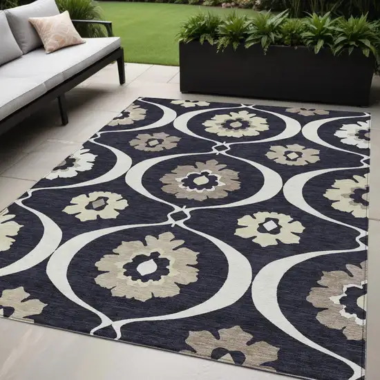 Black Ivory And Taupe Medallion Washable Indoor Outdoor Area Rug Photo 1